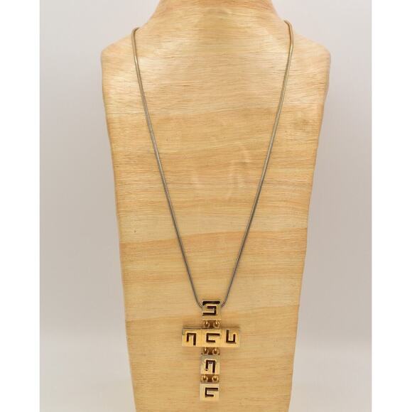 Givenchy Vintage Cross Necklace G Logo Chunky Gold Unisex Signed AS IS 80s Bin7A - Picture 7 of 12